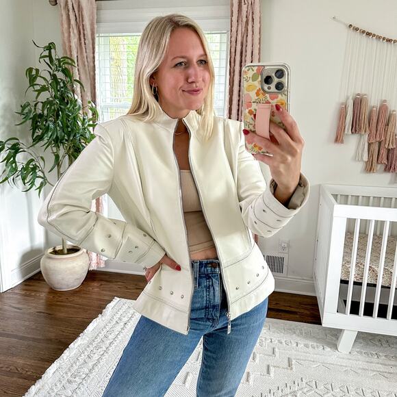 ST. JOHN Sport Leather Studded Moto Jacket White M - Picture 3 of 11